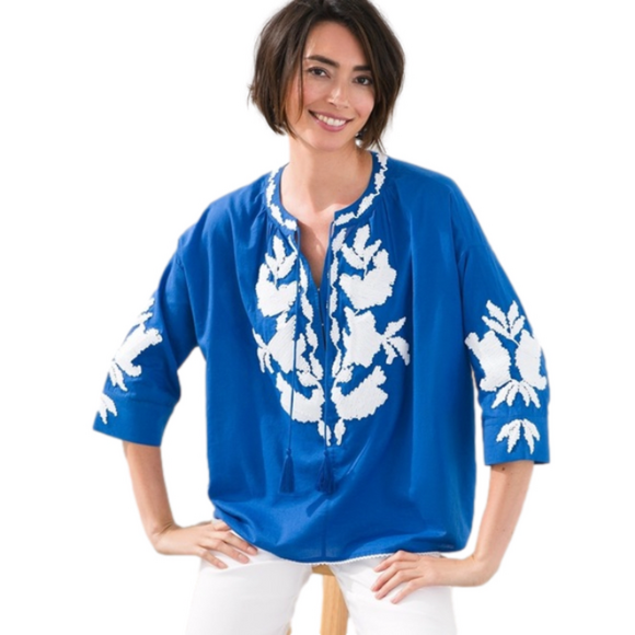 Chicos Size 0P US S 4P Blue White Embroidery Tie Neck Petite Peasant Top NEW - Picture 1 of 13